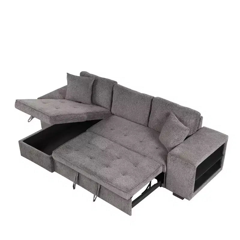 Divano letto estraibile componibile a L moderno 104.5 con 3 posti, chaise longue contenitore e 2 sgabelli per soggiorno