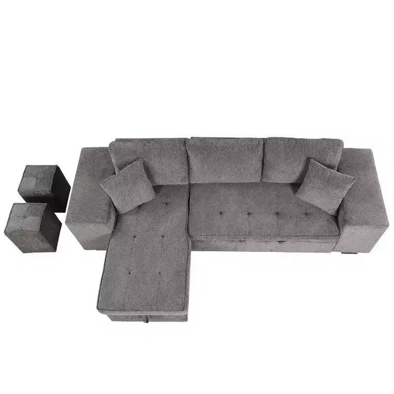 Divano letto estraibile componibile a L moderno 104.5 con 3 posti, chaise longue contenitore e 2 sgabelli per soggiorno
