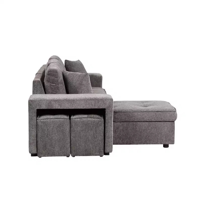 Divano letto estraibile componibile a L moderno 104.5 con 3 posti, chaise longue contenitore e 2 sgabelli per soggiorno