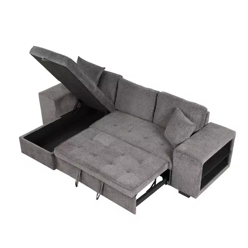 Divano letto estraibile componibile a L moderno 104.5 con 3 posti, chaise longue contenitore e 2 sgabelli per soggiorno