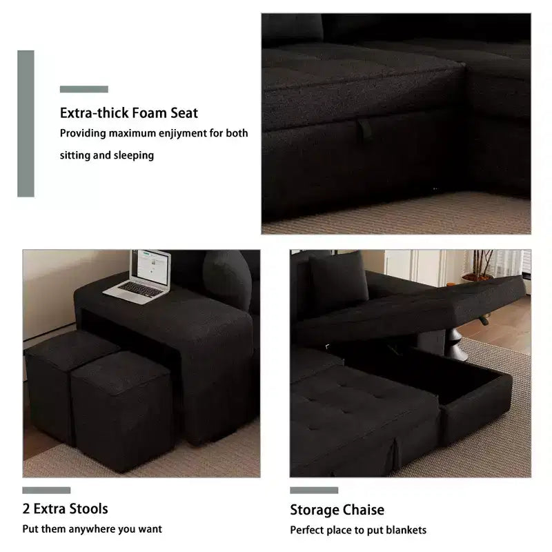 Divano letto estraibile componibile a L moderno 104.5 con 3 posti, chaise longue contenitore e 2 sgabelli per soggiorno