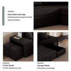 Divano letto estraibile componibile a L moderno 104.5 con 3 posti, chaise longue contenitore e 2 sgabelli per soggiorno