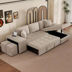Divano letto estraibile componibile a L moderno 104.5 con 3 posti, chaise longue contenitore e 2 sgabelli per soggiorno