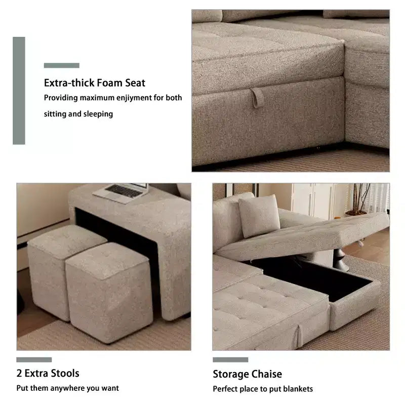 Divano letto estraibile componibile a L moderno 104.5 con 3 posti, chaise longue contenitore e 2 sgabelli per soggiorno