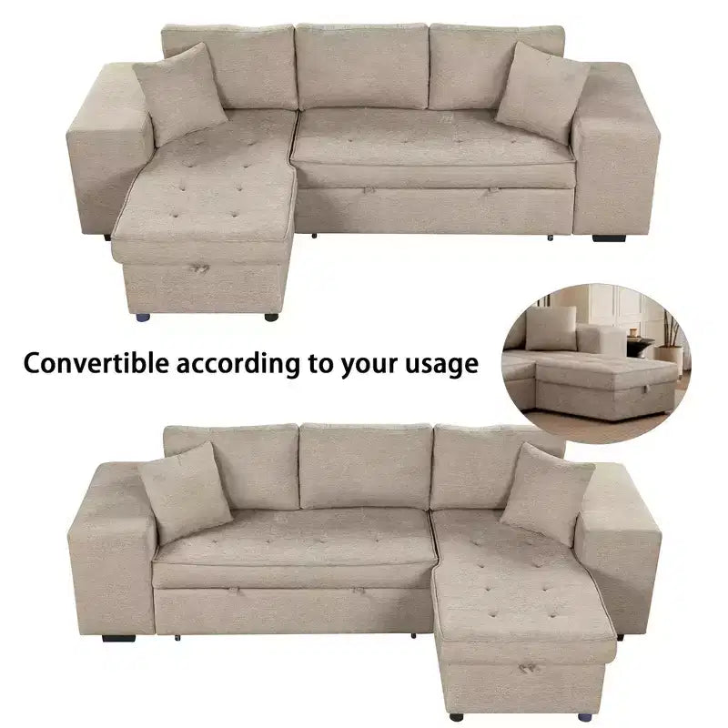 Divano letto estraibile componibile a L moderno 104.5 con 3 posti, chaise longue contenitore e 2 sgabelli per soggiorno