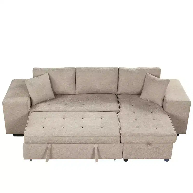 Divano letto estraibile componibile a L moderno 104.5 con 3 posti, chaise longue contenitore e 2 sgabelli per soggiorno