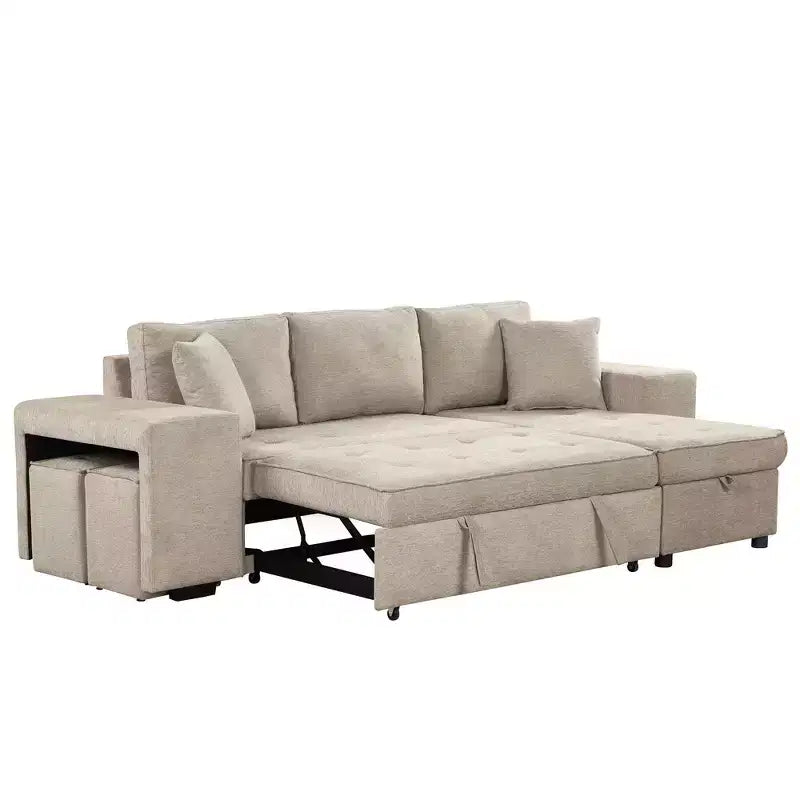 Divano letto estraibile componibile a L moderno 104.5 con 3 posti, chaise longue contenitore e 2 sgabelli per soggiorno