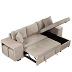 Divano letto estraibile componibile a L moderno 104.5 con 3 posti, chaise longue contenitore e 2 sgabelli per soggiorno