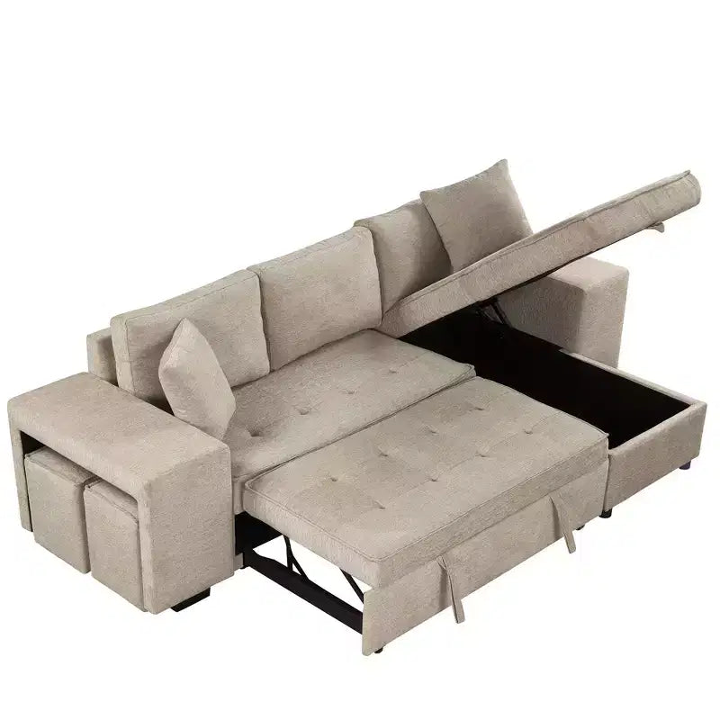 Divano letto estraibile componibile a L moderno 104.5 con 3 posti, chaise longue contenitore e 2 sgabelli per soggiorno