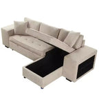 Divano letto estraibile componibile a L moderno 104.5 con 3 posti, chaise longue contenitore e 2 sgabelli per soggiorno