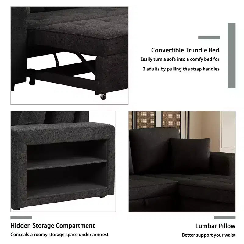 Divano letto estraibile componibile a L moderno 104.5 con 3 posti, chaise longue contenitore e 2 sgabelli per soggiorno