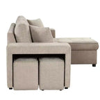 Divano letto estraibile componibile a L moderno 104.5 con 3 posti, chaise longue contenitore e 2 sgabelli per soggiorno