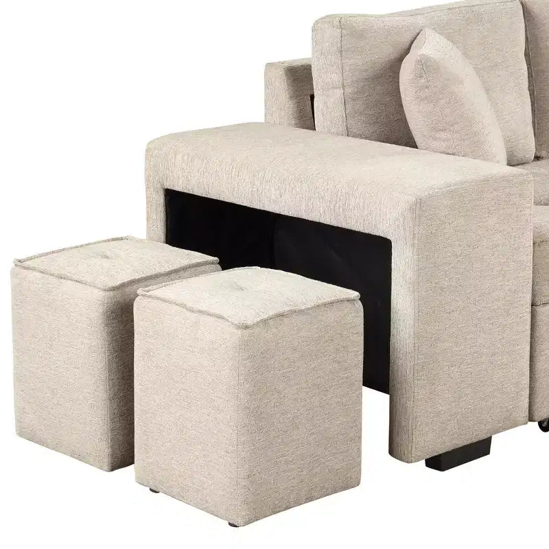 Divano letto estraibile componibile a L moderno 104.5 con 3 posti, chaise longue contenitore e 2 sgabelli per soggiorno
