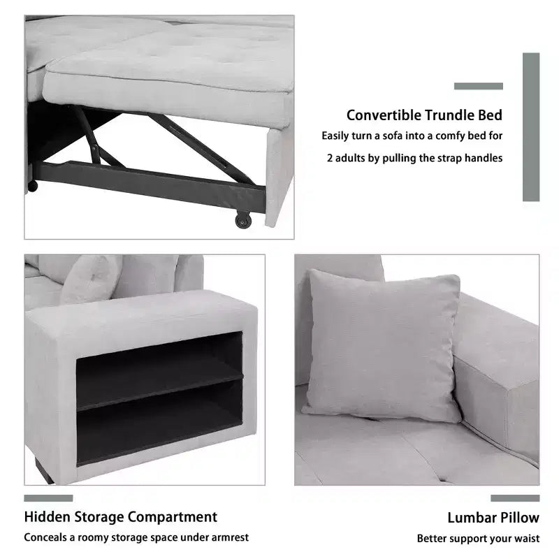 Divano letto estraibile componibile a L moderno 104.5 con 3 posti, chaise longue contenitore e 2 sgabelli per soggiorno