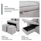 Divano letto estraibile componibile a L moderno 104.5 con 3 posti, chaise longue contenitore e 2 sgabelli per soggiorno