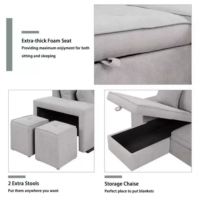 Divano letto estraibile componibile a L moderno 104.5 con 3 posti, chaise longue contenitore e 2 sgabelli per soggiorno
