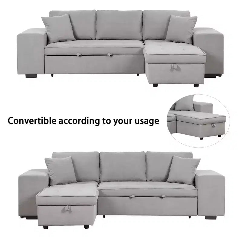 Divano letto estraibile componibile a L moderno 104.5 con 3 posti, chaise longue contenitore e 2 sgabelli per soggiorno