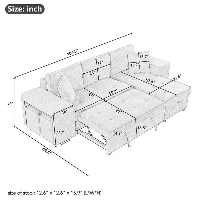 Divano letto estraibile componibile a L moderno 104.5 con 3 posti, chaise longue contenitore e 2 sgabelli per soggiorno