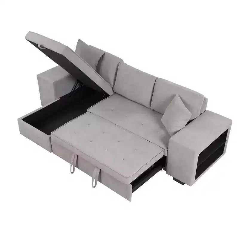 Divano letto estraibile componibile a L moderno 104.5 con 3 posti, chaise longue contenitore e 2 sgabelli per soggiorno