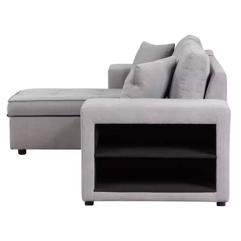 Divano letto estraibile componibile a L moderno 104.5 con 3 posti, chaise longue contenitore e 2 sgabelli per soggiorno