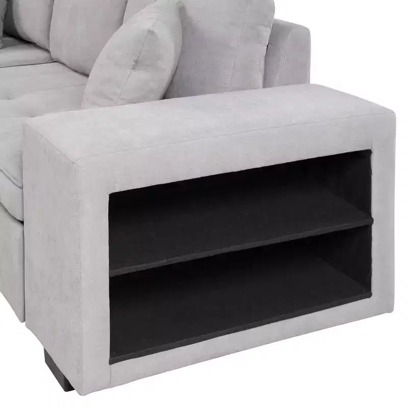 Divano letto estraibile componibile a L moderno 104.5 con 3 posti, chaise longue contenitore e 2 sgabelli per soggiorno