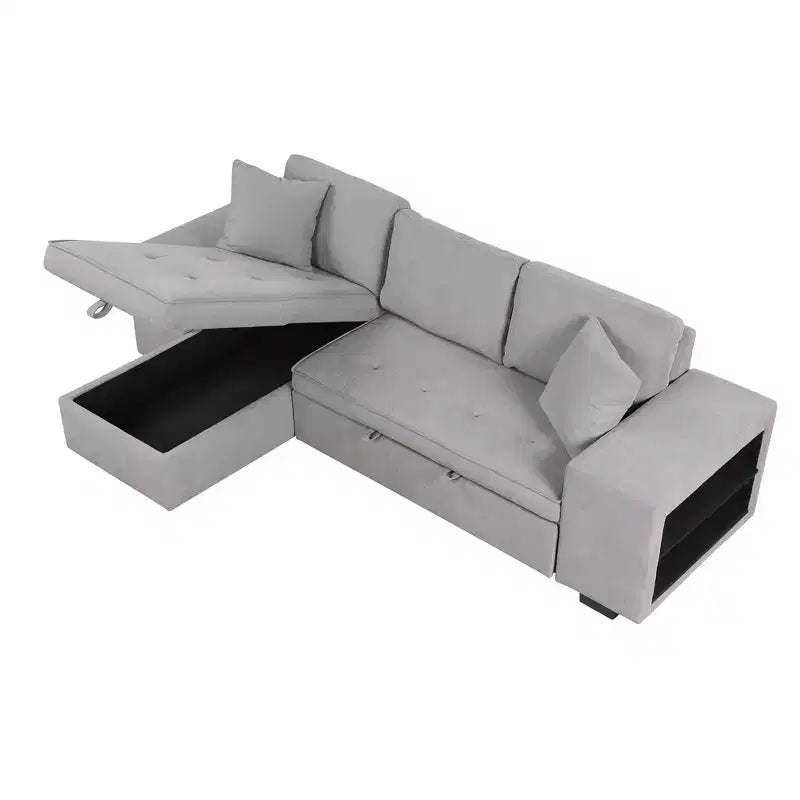 Divano letto estraibile componibile a L moderno 104.5 con 3 posti, chaise longue contenitore e 2 sgabelli per soggiorno