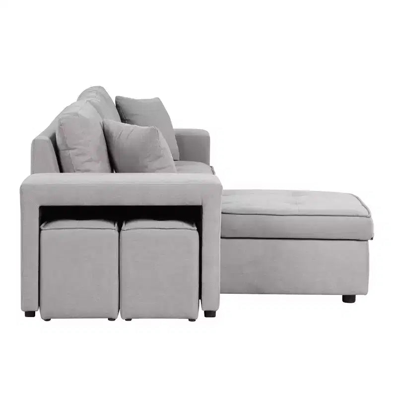 Divano letto estraibile componibile a L moderno 104.5 con 3 posti, chaise longue contenitore e 2 sgabelli per soggiorno