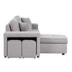 Divano letto estraibile componibile a L moderno 104.5 con 3 posti, chaise longue contenitore e 2 sgabelli per soggiorno