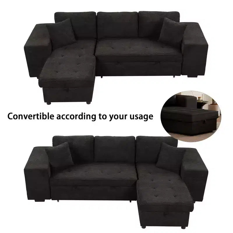 Divano letto estraibile componibile a L moderno 104.5 con 3 posti, chaise longue contenitore e 2 sgabelli per soggiorno