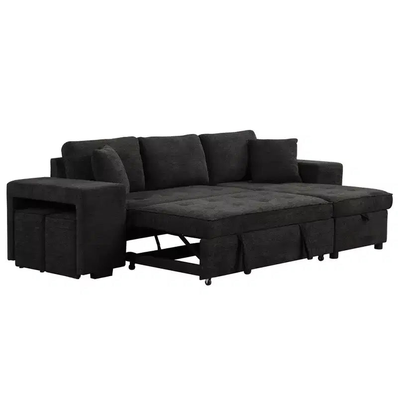 Divano letto estraibile componibile a L moderno 104.5 con 3 posti, chaise longue contenitore e 2 sgabelli per soggiorno