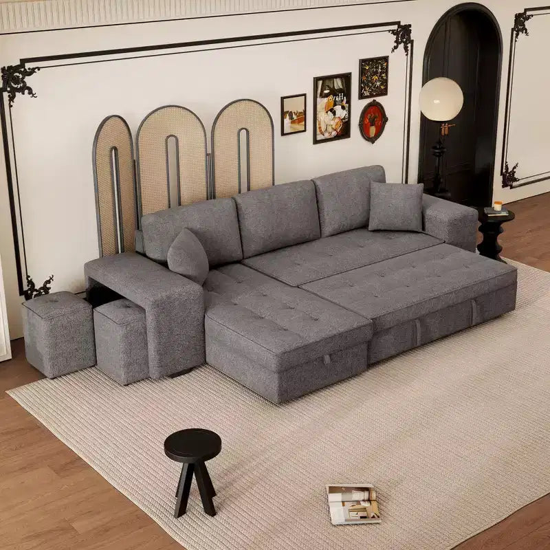 Divano letto estraibile componibile a L moderno 104.5 con 3 posti, chaise longue contenitore e 2 sgabelli per soggiorno