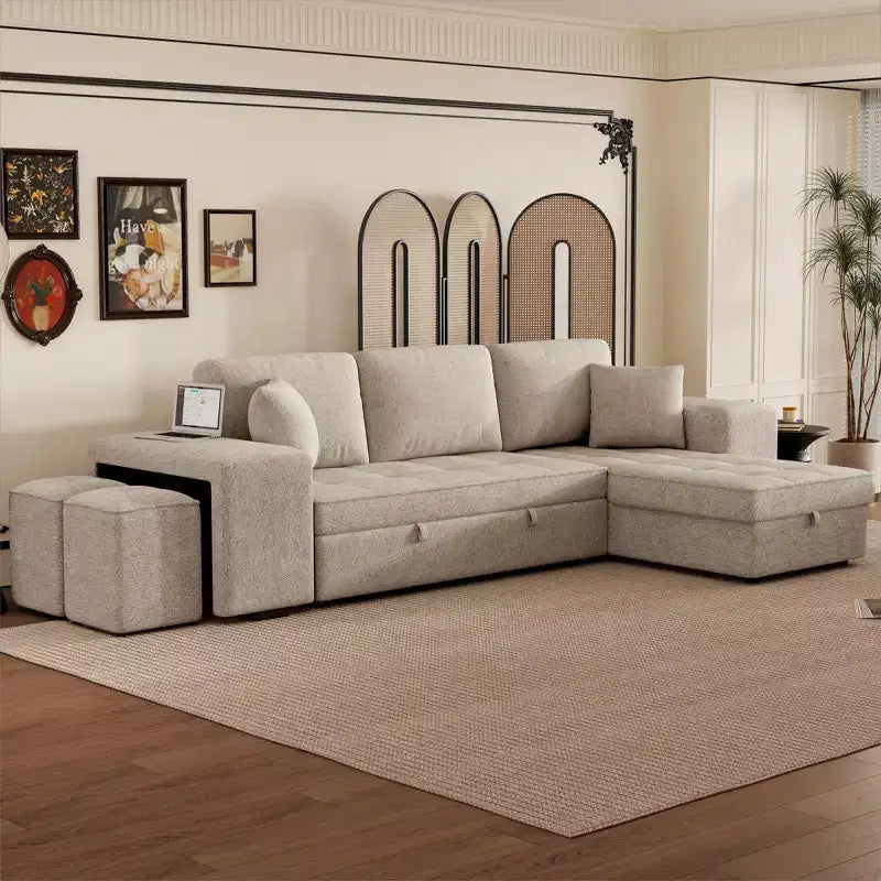 Divano letto estraibile componibile a L moderno 104.5 con 3 posti, chaise longue contenitore e 2 sgabelli per soggiorno