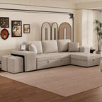 Divano letto estraibile componibile a L moderno 104.5 con 3 posti, chaise longue contenitore e 2 sgabelli per soggiorno