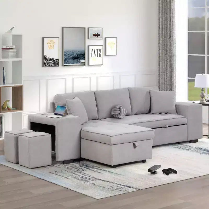 Divano letto estraibile componibile a L moderno 104.5 con 3 posti, chaise longue contenitore e 2 sgabelli per soggiorno