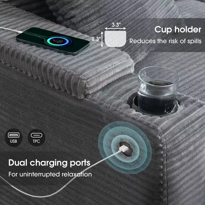 Divano sezionale a L convertibile 106, divano angolare in velluto a coste con bracciolo, portaoggetti, portabicchieri, caricatore USB, divano modulare oversize e confortevole