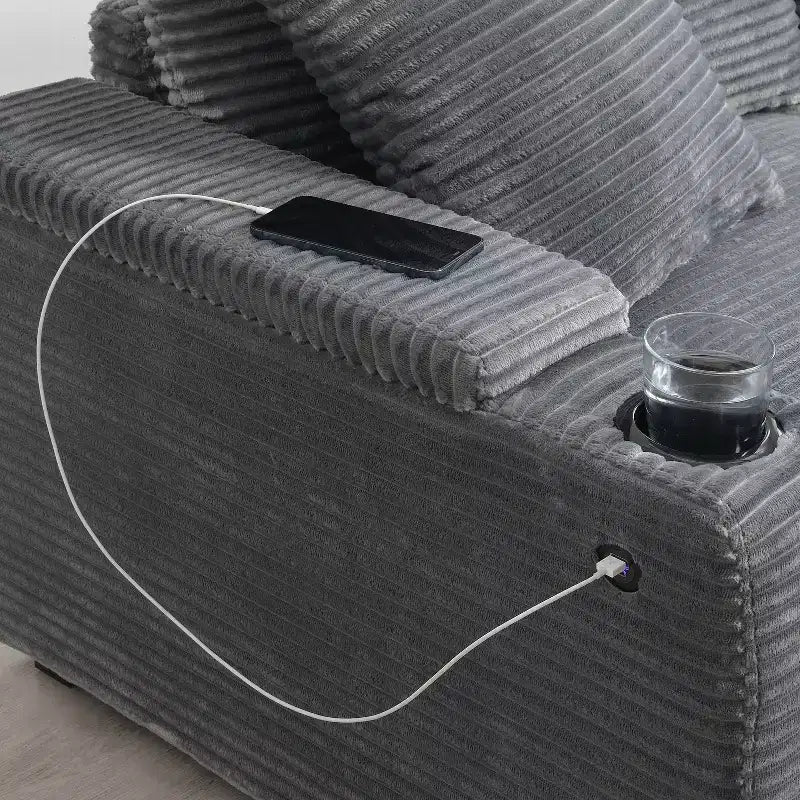 Divano sezionale a L convertibile 106, divano angolare in velluto a coste con bracciolo, portaoggetti, portabicchieri, caricatore USB, divano modulare oversize e confortevole