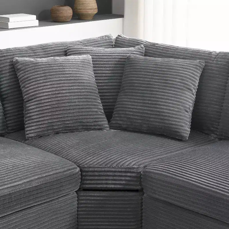 Divano sezionale a L convertibile 106, divano angolare in velluto a coste con bracciolo, portaoggetti, portabicchieri, caricatore USB, divano modulare oversize e confortevole