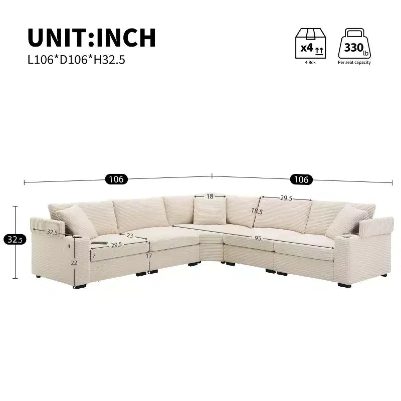 Divano sezionale a L convertibile 106, divano angolare in velluto a coste con bracciolo, portaoggetti, portabicchieri, caricatore USB, divano modulare oversize e confortevole