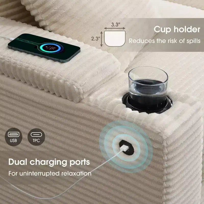 Divano sezionale a L convertibile 106, divano angolare in velluto a coste con bracciolo, portaoggetti, portabicchieri, caricatore USB, divano modulare oversize e confortevole
