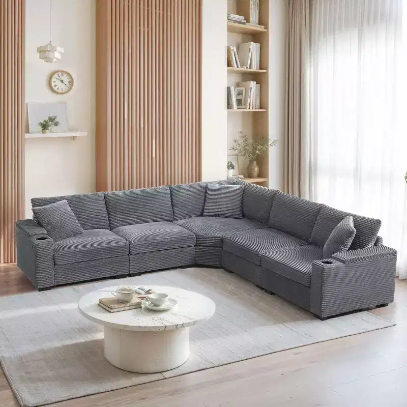 Divano sezionale a L convertibile 106, divano angolare in velluto a coste con bracciolo, portaoggetti, portabicchieri, caricatore USB, divano modulare oversize e confortevole