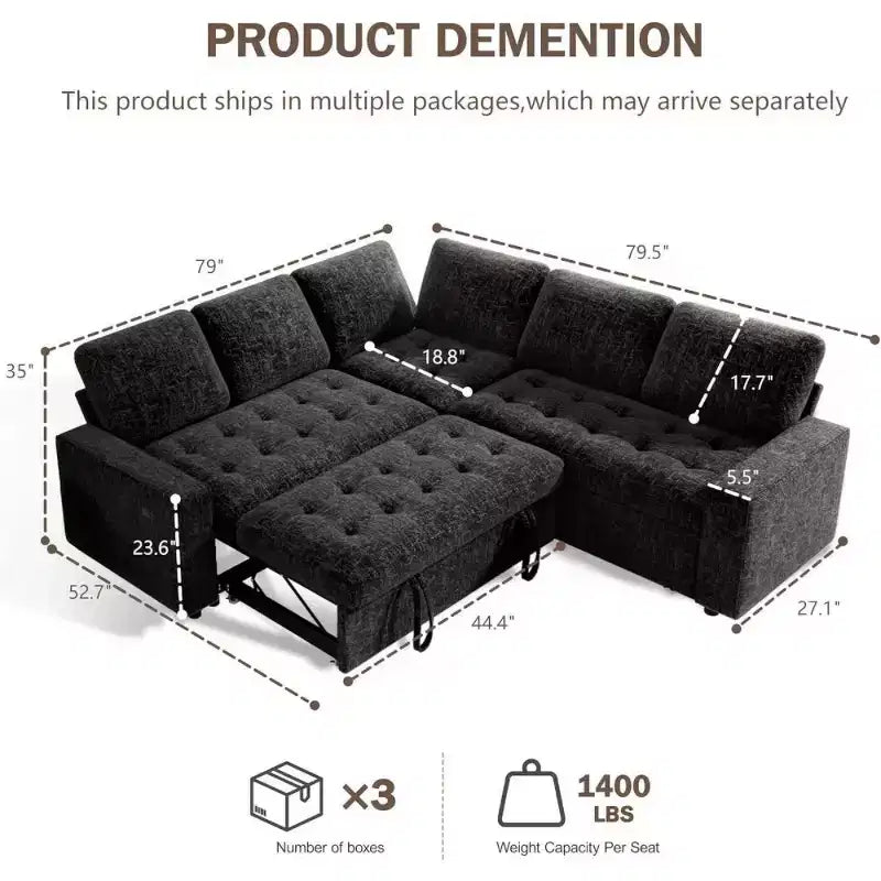 Divano componibile a L Dyonery con funzione letto, divano estraibile a 5 posti in ciniglia con USB e chaise longue contenitore