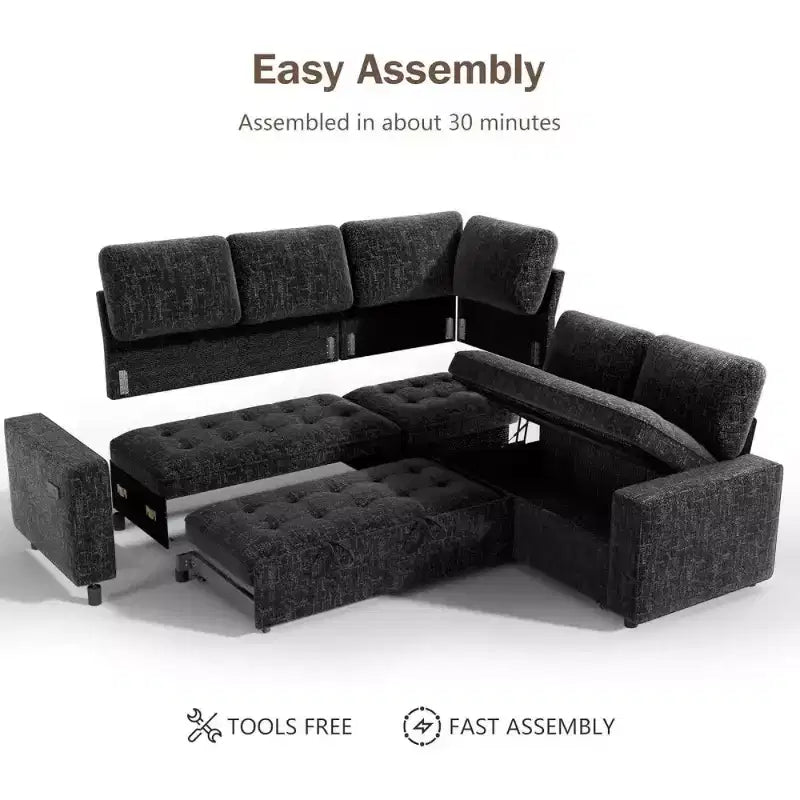 Divano componibile a L Dyonery con funzione letto, divano estraibile a 5 posti in ciniglia con USB e chaise longue contenitore