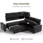 Divano componibile a L Dyonery con funzione letto, divano estraibile a 5 posti in ciniglia con USB e chaise longue contenitore