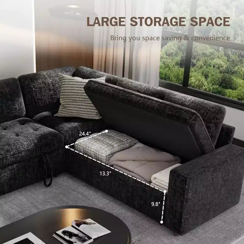 Divano componibile a L Dyonery con funzione letto, divano estraibile a 5 posti in ciniglia con USB e chaise longue contenitore