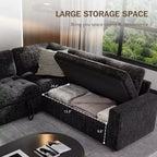Divano componibile a L Dyonery con funzione letto, divano estraibile a 5 posti in ciniglia con USB e chaise longue contenitore