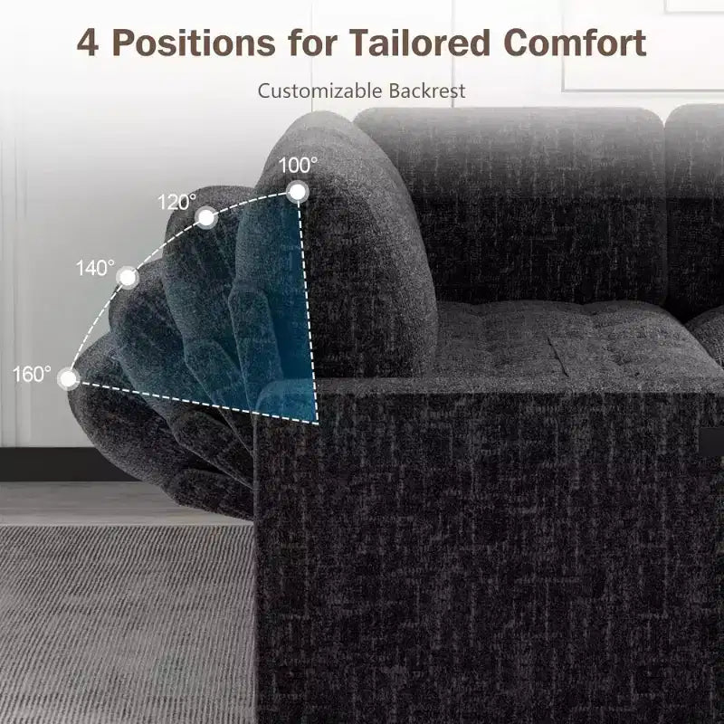 Divano componibile a L Dyonery con funzione letto, divano estraibile a 5 posti in ciniglia con USB e chaise longue contenitore