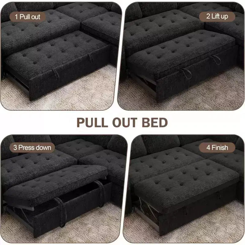 Divano componibile a L Dyonery con funzione letto, divano estraibile a 5 posti in ciniglia con USB e chaise longue contenitore