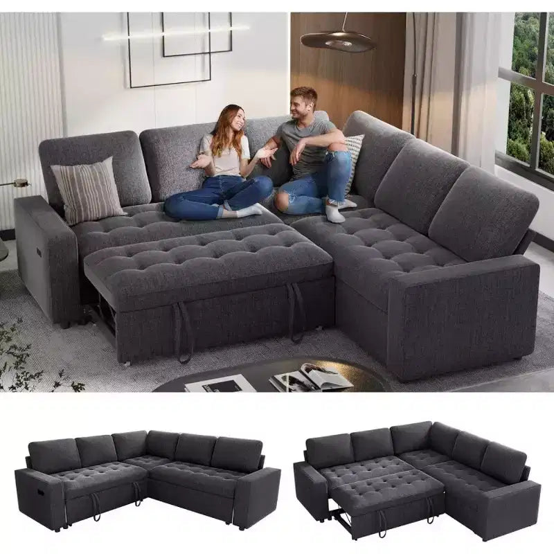 Divano componibile a L Dyonery con funzione letto, divano estraibile a 5 posti in ciniglia con USB e chaise longue contenitore