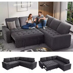 Divano componibile a L Dyonery con funzione letto, divano estraibile a 5 posti in ciniglia con USB e chaise longue contenitore