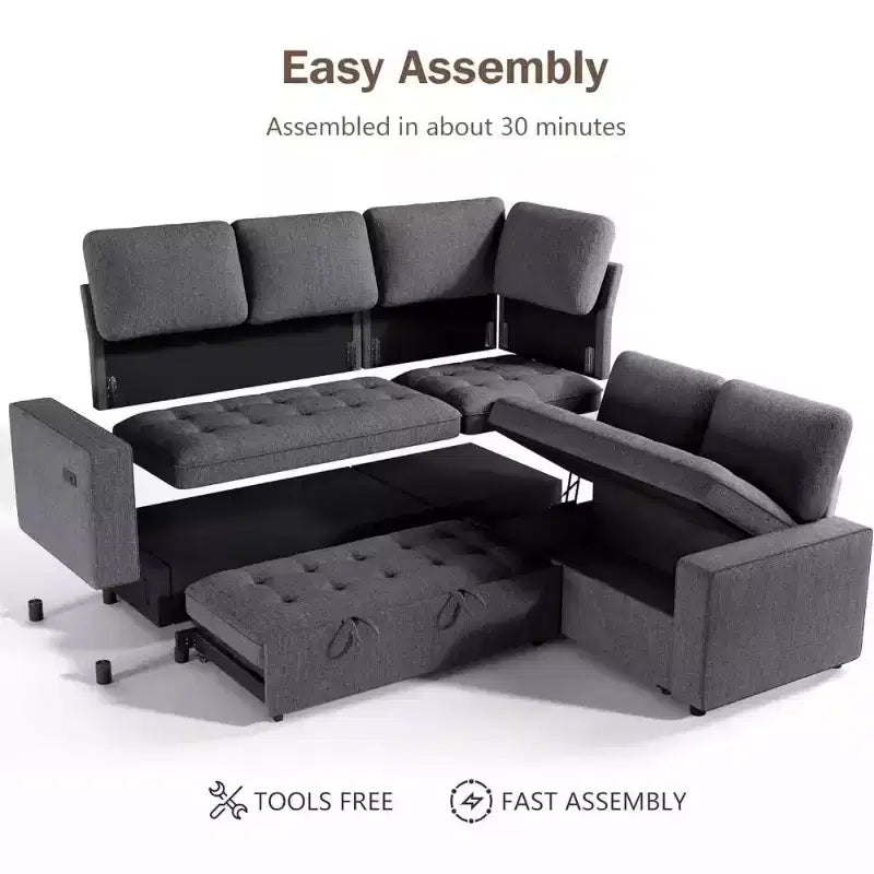 Divano componibile a L Dyonery con funzione letto, divano estraibile a 5 posti in ciniglia con USB e chaise longue contenitore